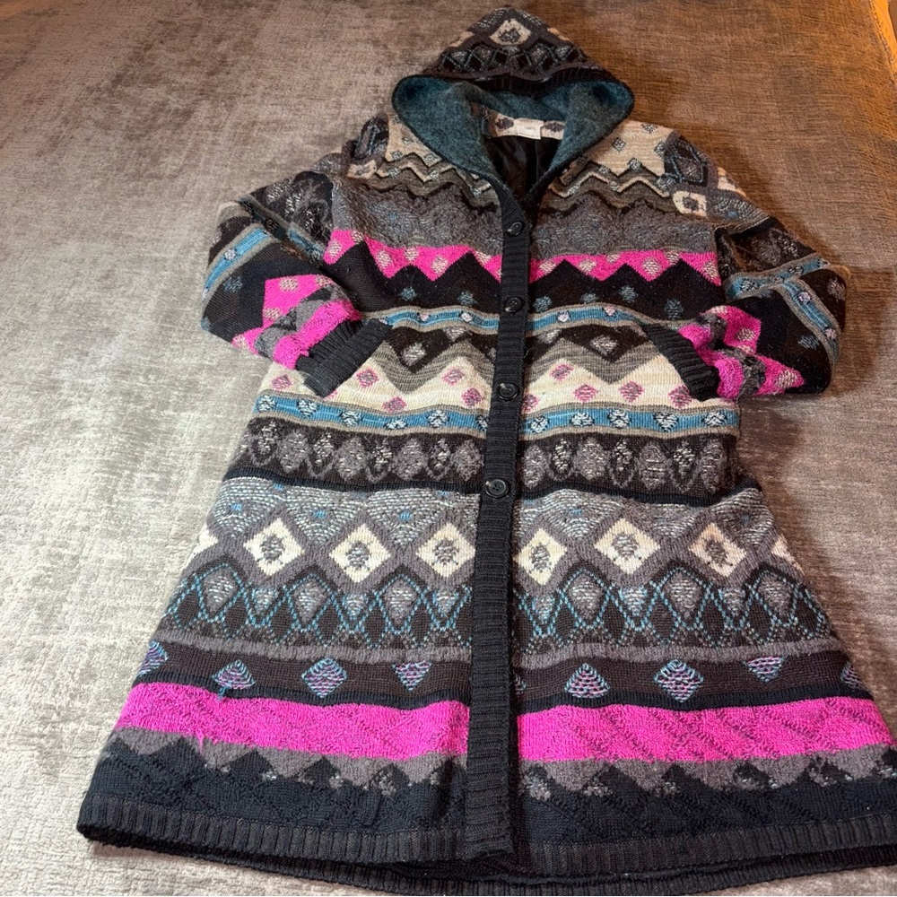Long Cardigan Knit Sweater/Jacket 12 Tribal Pink Teal Gray Milluce Mohair/Wool